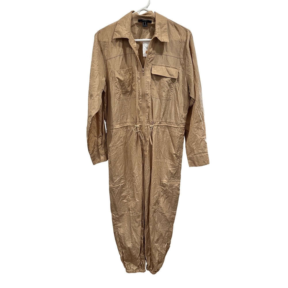 Forever 21‎ Women Tan Utility Jumpsuit Long Sleeve Zip Front Boiler Suit Medium